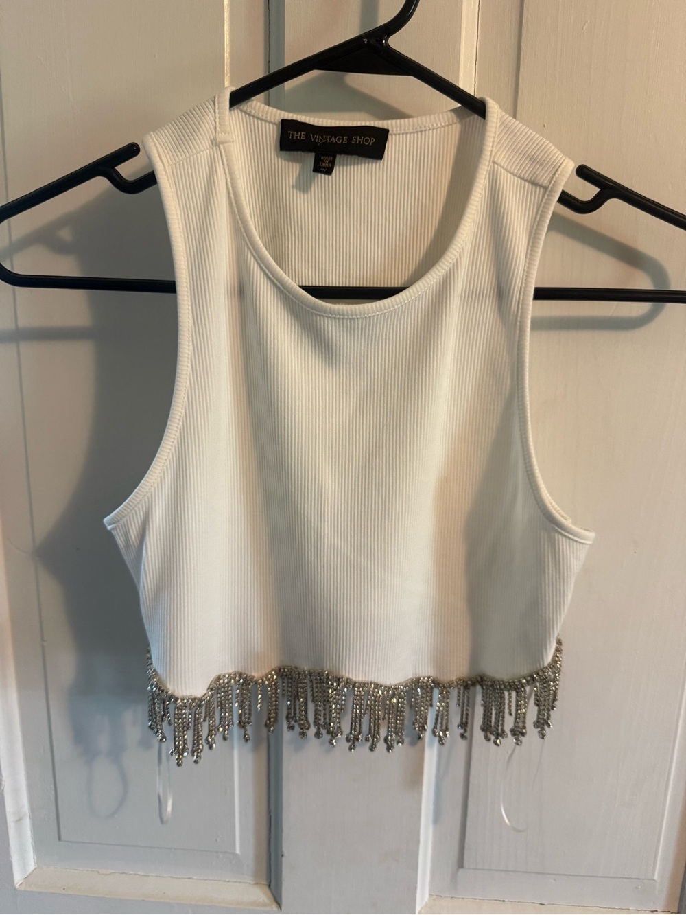 The Vintage Shop White Ribbed Crop Tank with Silver Beaded Fringe